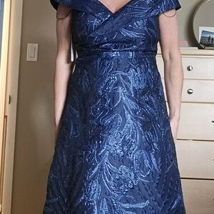 Teri Jon Navy Blue Embroidered Prom Dress